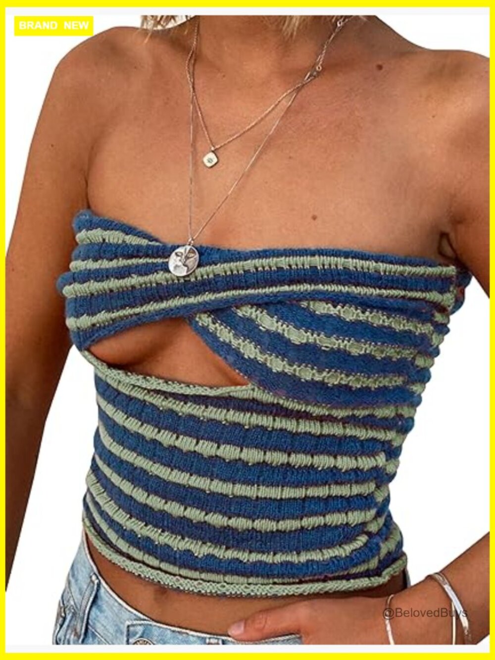 Women Stripe Knit Bandeau Crop Top Strapless Sleeveless Party